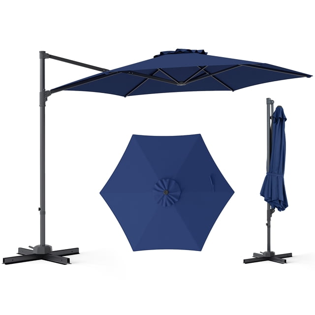 Costway Parasol Déporté de Patio 10 Pi avec Rotation à 360°, Évent, Base en Croix Incluse Bleu Marine