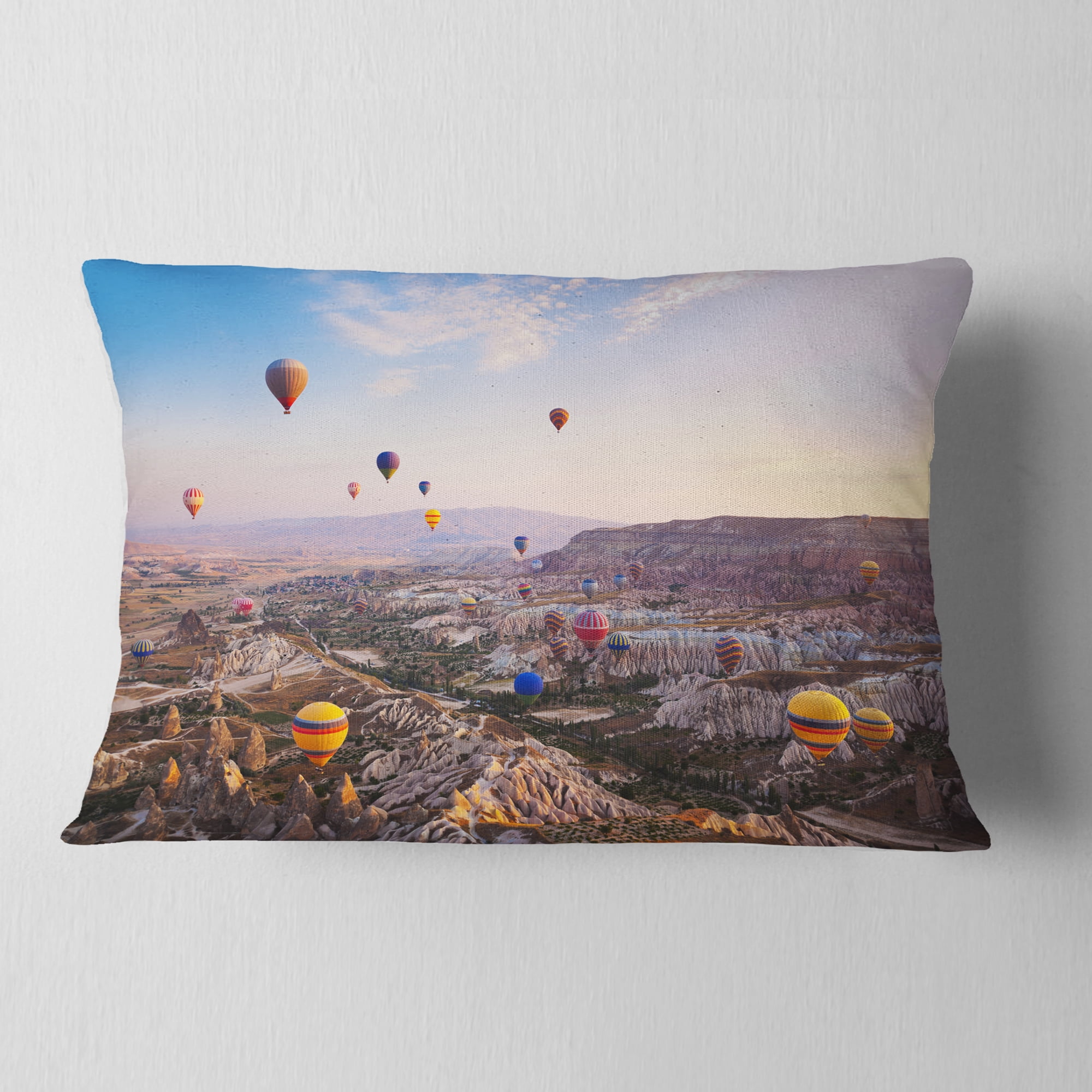 Designart Hot Air Balloon Flying - Photography Throw Pillow - 12x20