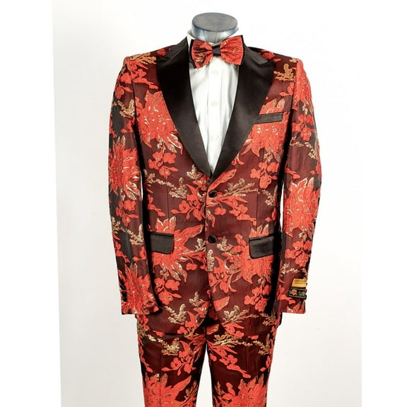 Mens 2 Button Red & Gold Floral Paisley Tuxedo By Alberto Nardoni Brand Designer