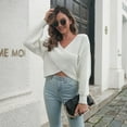 thumbnail image 4 of Defitshape Women's Crop Top Knit Sweater Long Sleeve Knit Pullover Soft V Neck Wrap Basic Fashion Casual Bishop Sleeve Pullover Sweaters White Small, 4 of 4