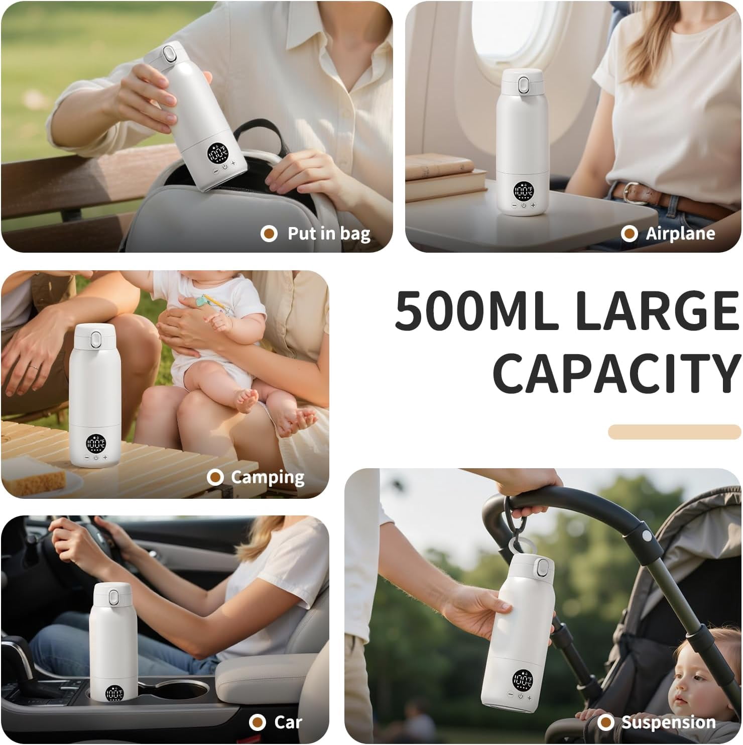 Portable Bottle Warmer for Baby ? Fast Heating Milk Warmer for Travel, Breast Milk & Formula, 17oz Leak-Proof Stainless Steel, IPX6 Waterproof, Rechargeable with Long Battery Life with Cleaning Brush