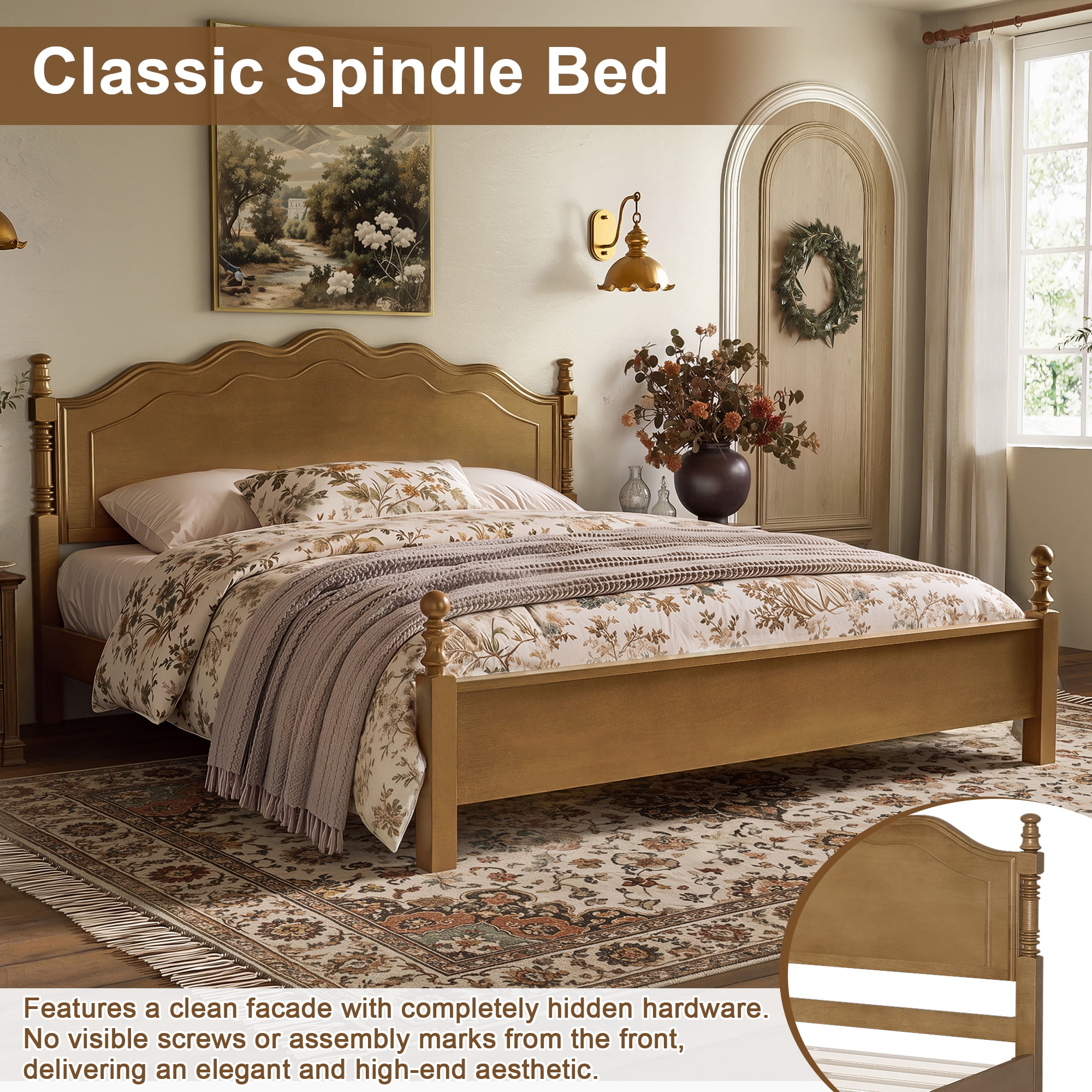 Euroco Wood King Size Platform Bed, Classic American Vintage Style Wood Bed with Curved Headboard, No Box Spring Needed, Dark Oak