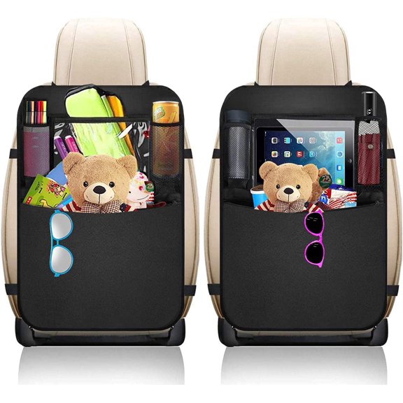 2 Pack Heavy Duty Waterproof Backseat Car Organizer, Kick Mats Back Seat Protector, Back Seat Cover for Kids, Seat Back Protector with Tablet Holder and Storage Pockets, Back of Seat Car Organizer Pr