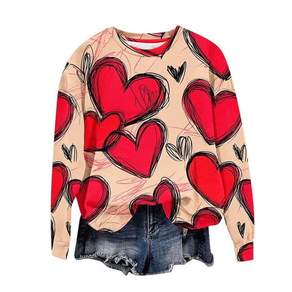 Aofany Valentine's Day Sweatshirt Women, Heart Print Sweatshirt, Crew Neck Long Sleeve Sweatshirts Ladies Casual Valentines Day Printed Long Sleeved Round Neck Tops