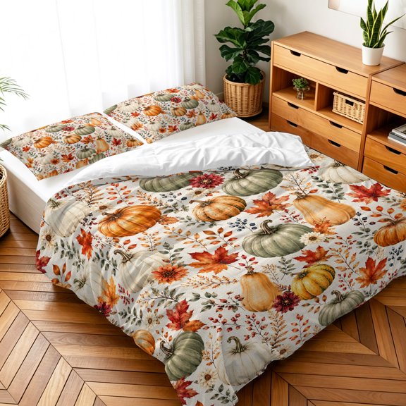 Queen Size 3 Pieces Duvet Cover Sets Thanksgiving Pumpkin Maple Leaves Bedding Set,Microfiber Soft Comforter Cover with Pillow Shams,Luxury Quilt Covers for Bedroom Decor Country Sunflowers
