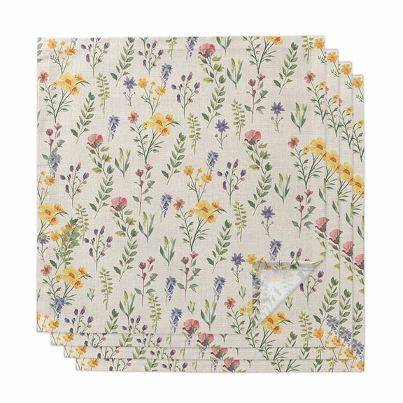 Wildflowers Blossom Cloth Napkins, Spring Pastoral Botanical Flowers Beige Washable and Reusable Dinner Napkins Set of 4, Table Napkin for Kitchen Party Birthday Wedding Hotel Housewarming 20"x20"