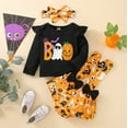 thumbnail image 5 of CONFREE Baby Girl Halloween Outfit Long Sleeve Cute Pumpkin Print Romper Jumpsuit Suspender Skirt With Hairband 3Pcs Hallowmas Outfit Set Fall Clothing Set, 5 of 8