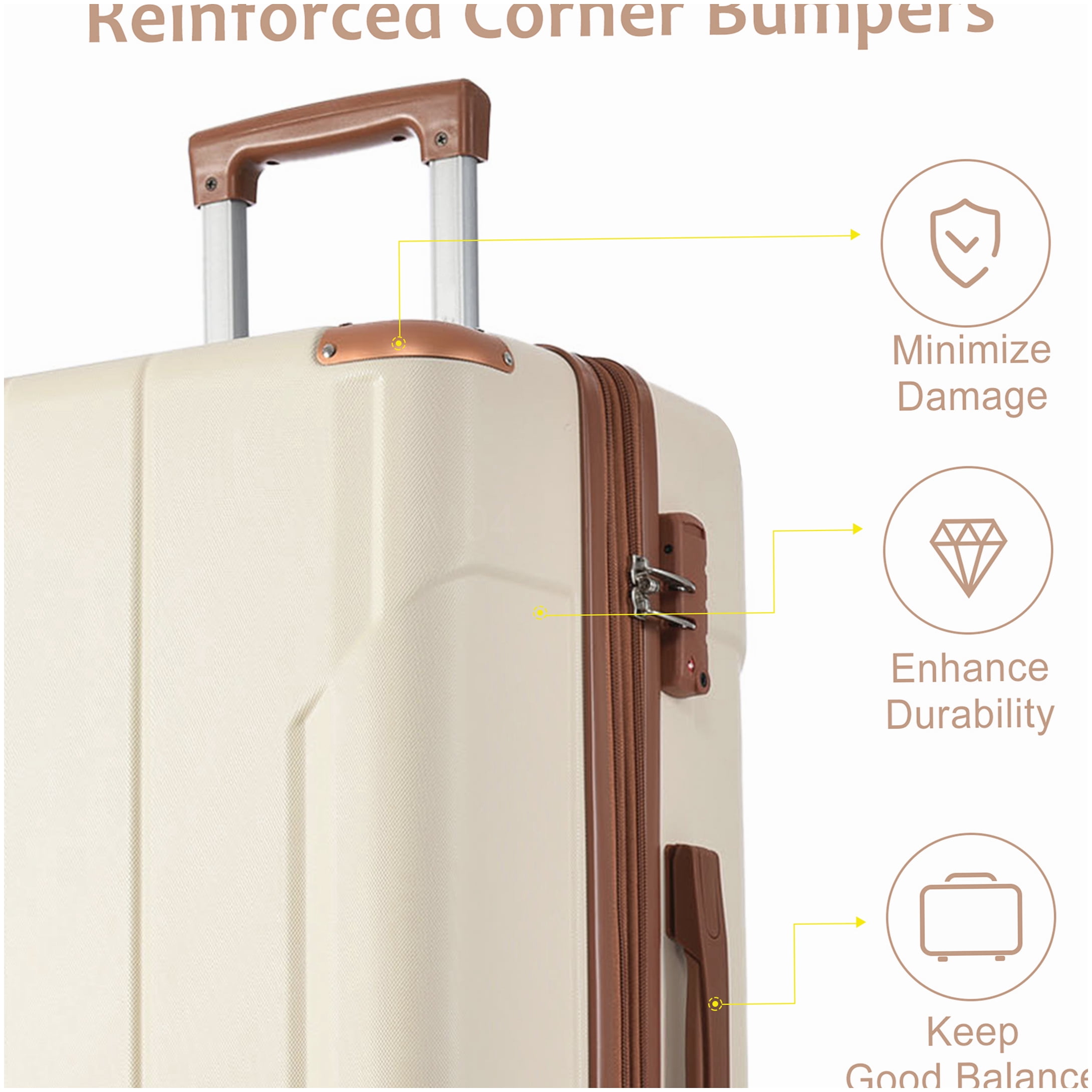 28" Hardshell Check-in Suitcase, Expandable TSA Lock Luggage with 4 Double Wheels, Lightweight ABS, Brown and White