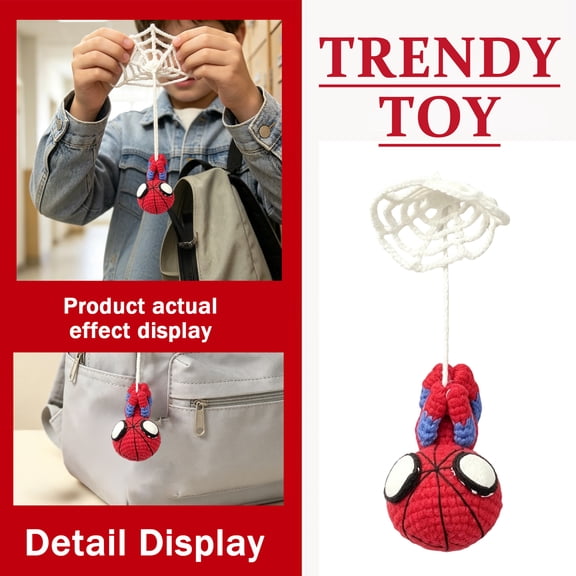 Crochet Spider Hanging Toy with Retractable Web Line, Hand‑Knitted Finished Ornament, Interactive Play Decor for Backpack, Shelf & Desktop Display
