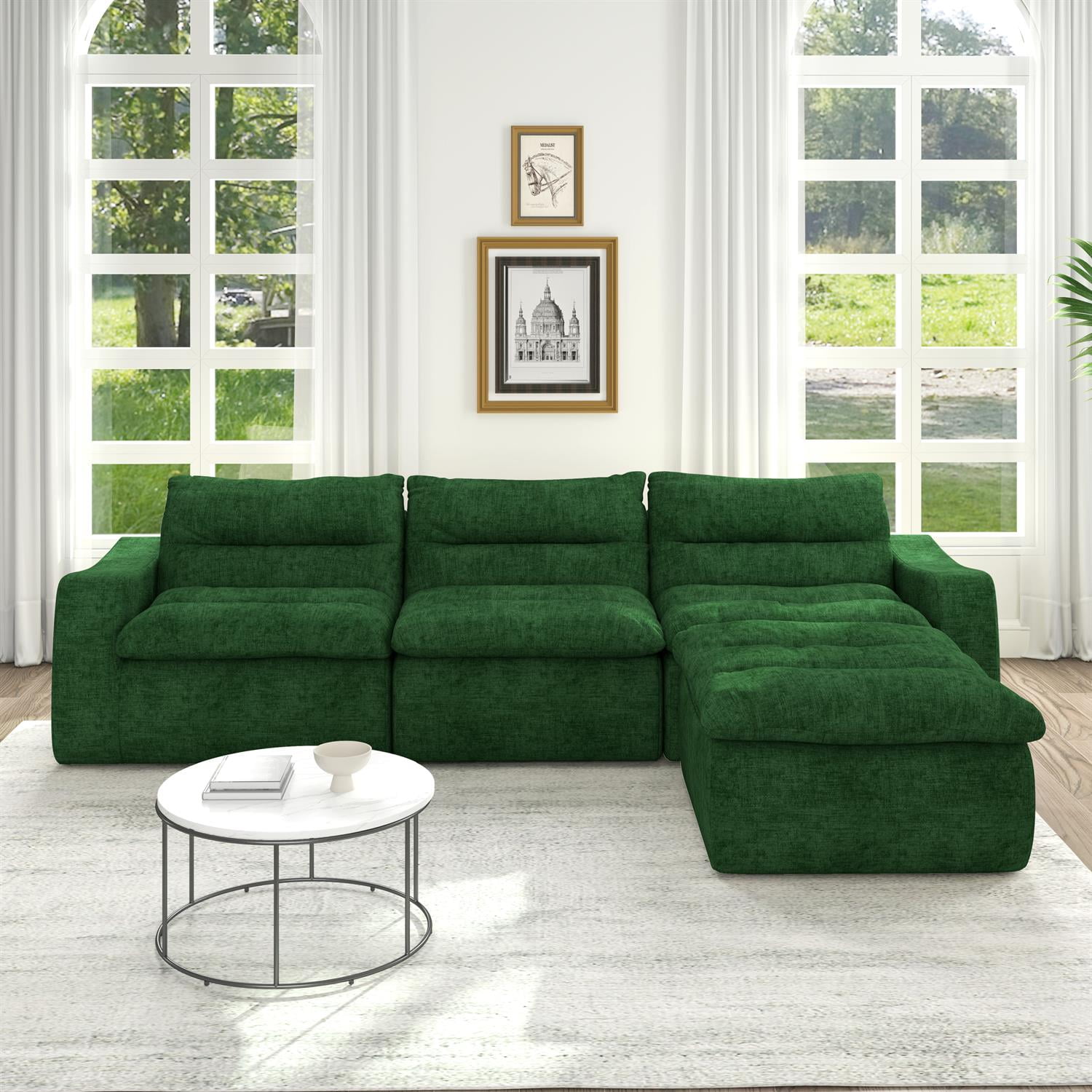 Demi Bonn 116" Modern L-Shaped Modular Sofa, Comfortable Beanbag Style, Stylish Lazy Couch for Living Rooms and Relaxation, Green