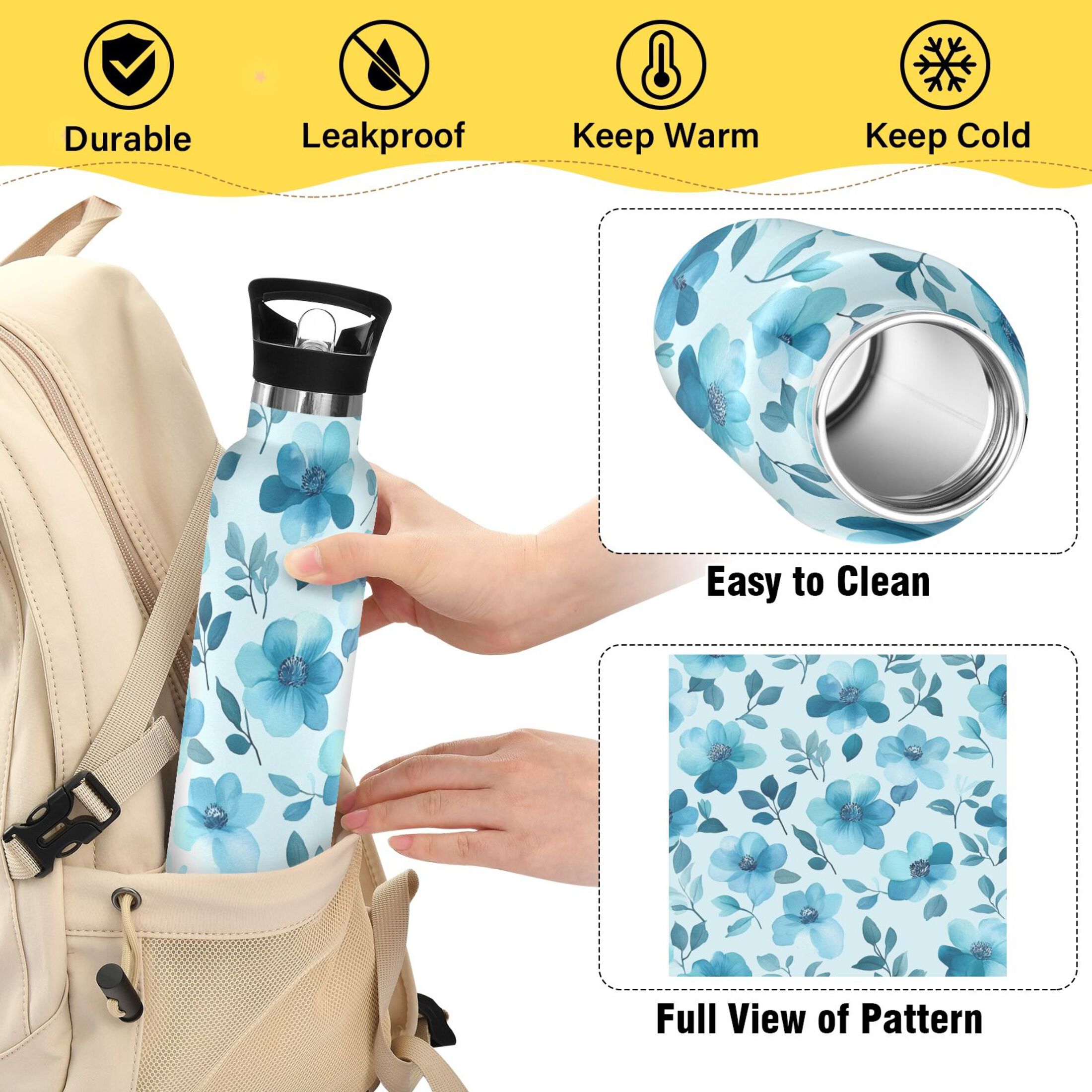 600ML Stainless Steel Insulated Cup Sports Water Bottle Portable Thermos Cup Water Glasses Insulated Tumblers Convenient and Durable Cartoon Teal Flowers