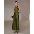 thumbnail image 4 of Women Olive Green Satin Maxi Dress Elegant Halter Neck Sleeveless Evening, 4 of 7