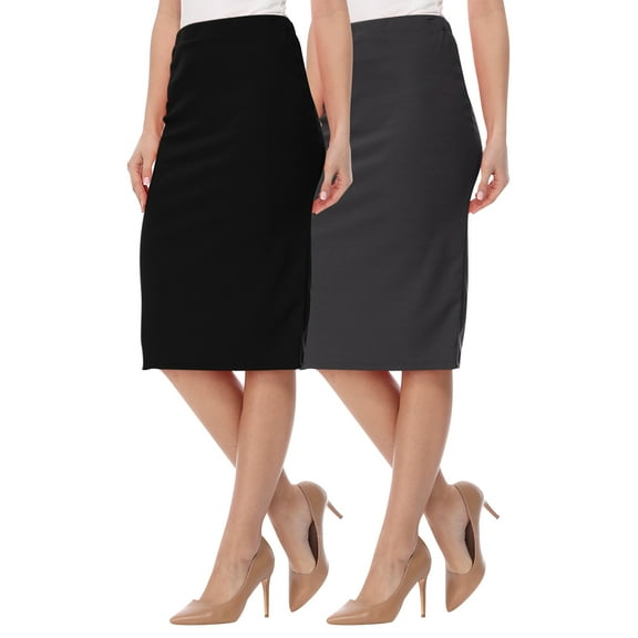 Women's High Waist Stretch Pull On Casual Office Soft Pencil Midi Skirt (Pack of 2)