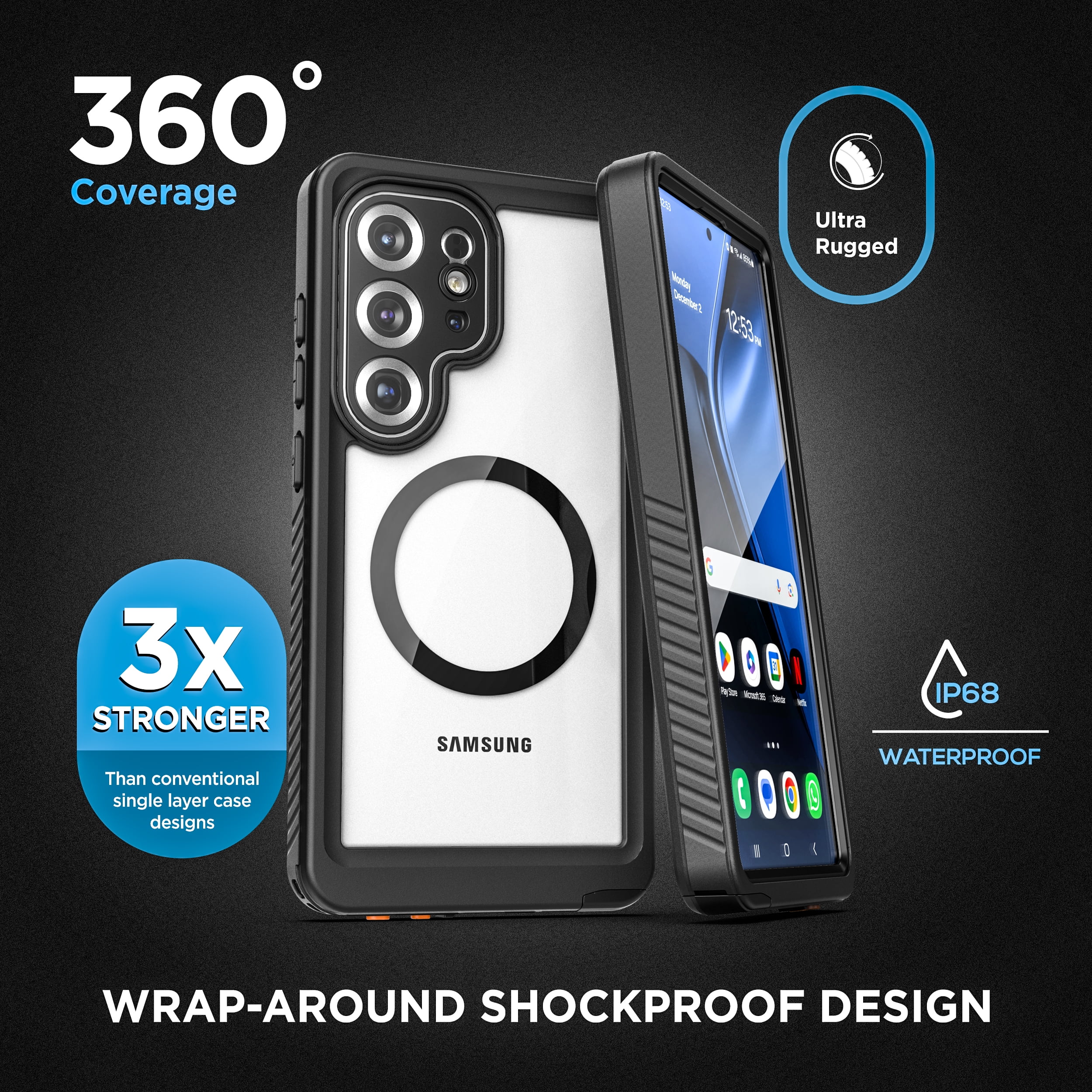 Encased Waterproof Case Designed for Samsung Galaxy S25 Ultra (IP68) Full Body Protective Phone Case with Screen Protector Built-in (Clear/Black)