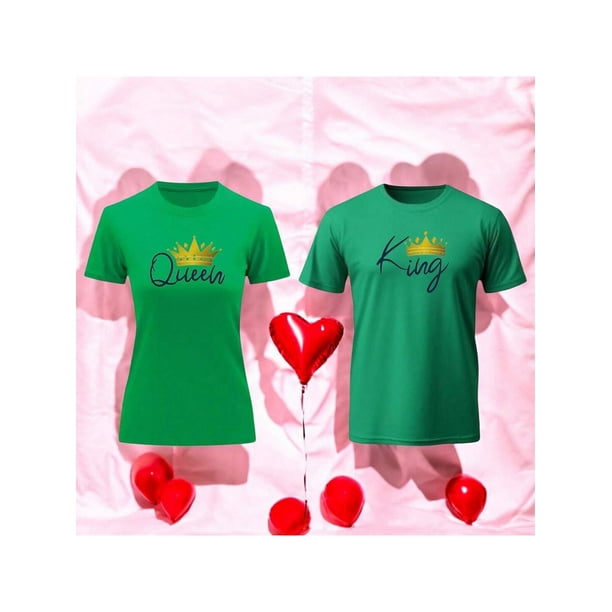 Playera En Duo Para Parejas De Queen y King 14 De Febrero San Valentin Color Verde Talla Grande Marca Emil SaEs