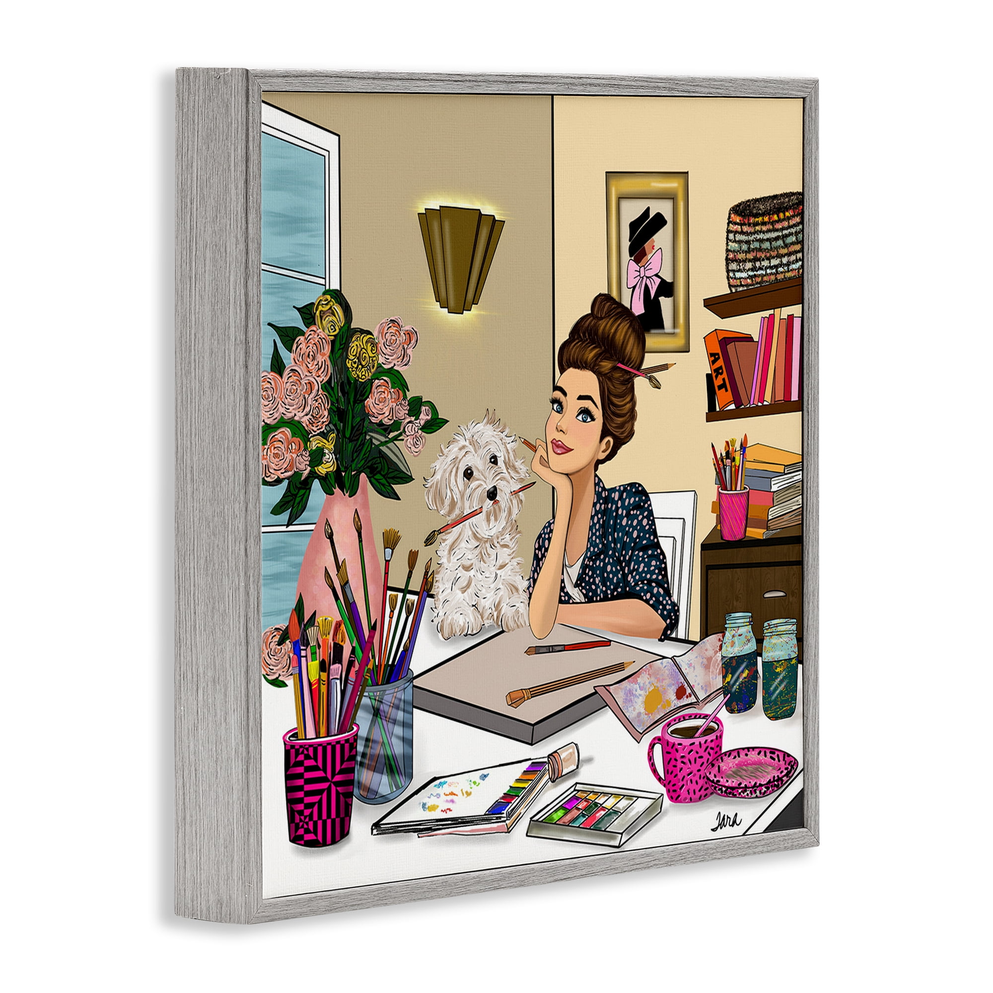 Stupell Industries Creative Art Girl at Desk Gray Framed Giclee Art, design by Tara Boone
