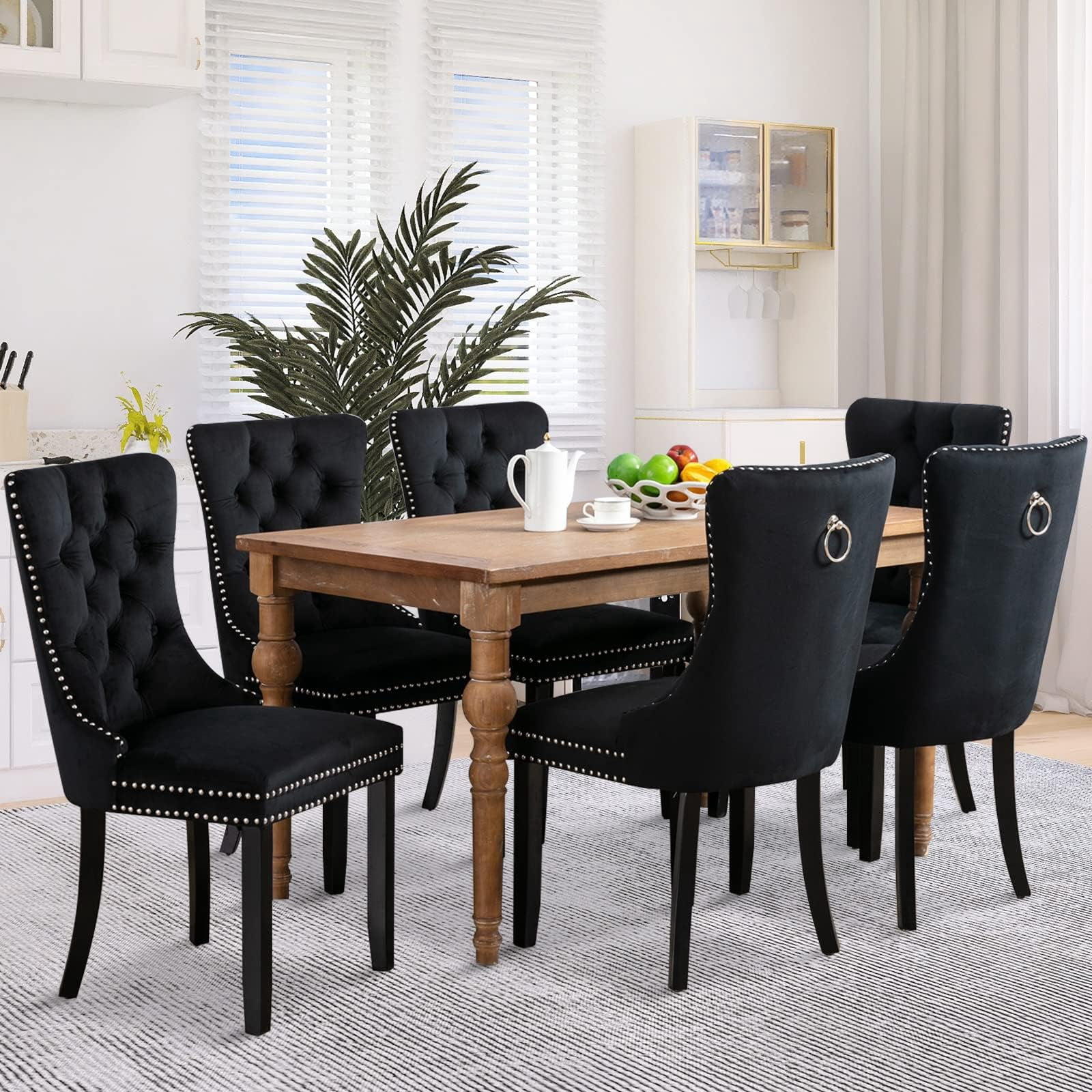 JESTOP Velvet Dining Chairs Set of 8, Tall Back Side Chair, Modern Upholstered High-end Tufted Side Chair with Button Back Ring, Solid Wood Legs (Black)
