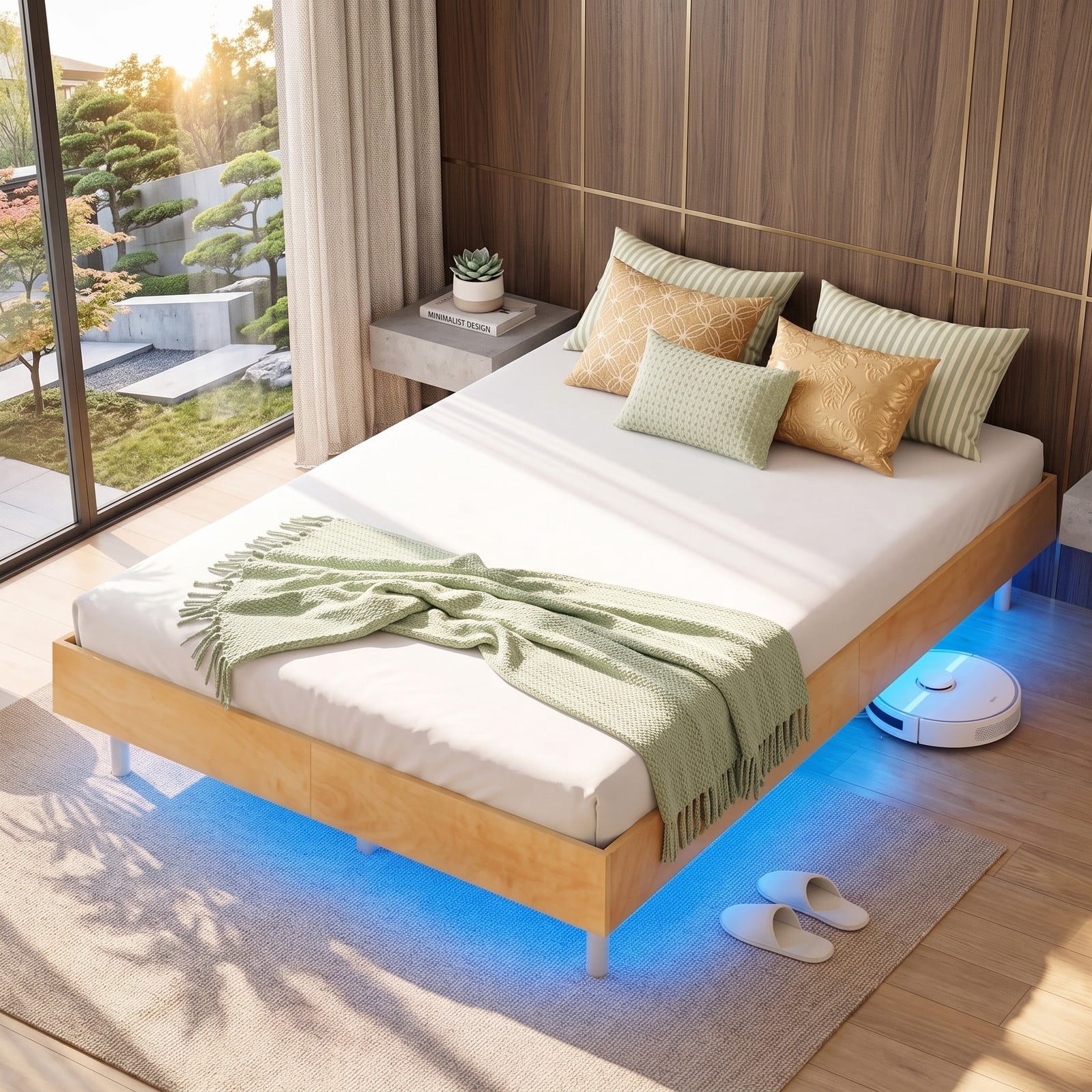 Furnibear Queen Size Bed Frame Floating Wood Platform Bed with RGB LED Lights and Remote Control for Bedroom, Natural