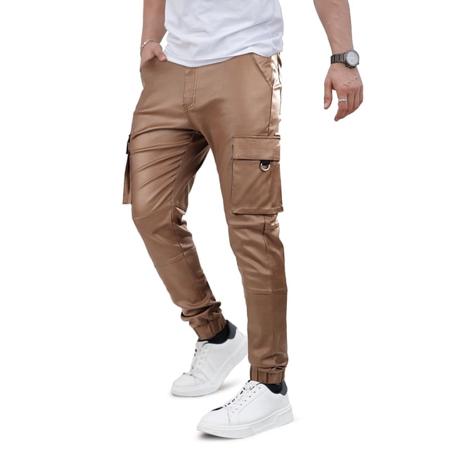 Pantalones cargo GINGTTO de piel estilo moto, ajustados, para hombre