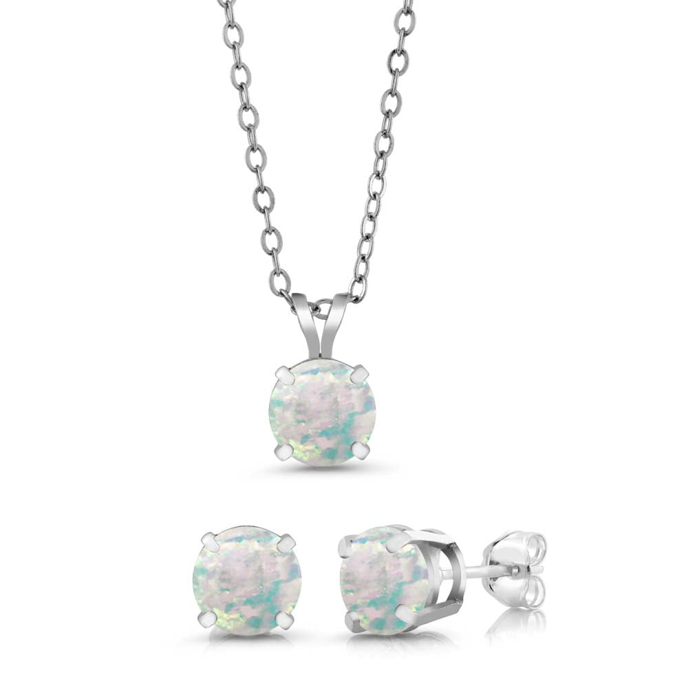 0.90 Ct Round 6mm White Simulated Opal 925 Silver Stud Pendant Earrings Set by