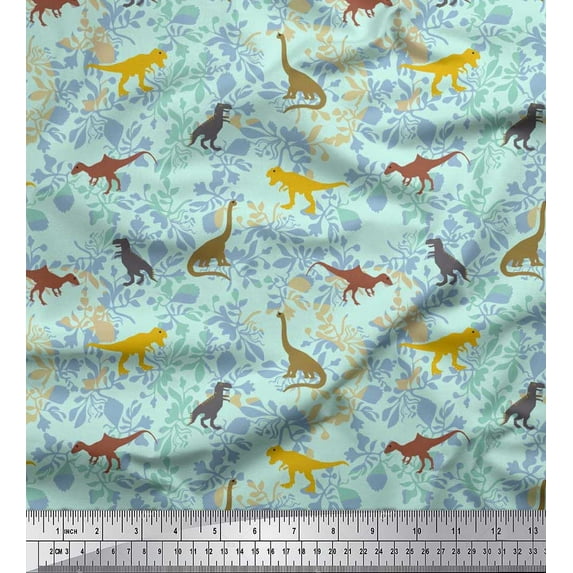 Soimoi Modal Satin Fabric Leaves & Dinosaur Jungle Print Fabric by The Yard 42 Inch Wide