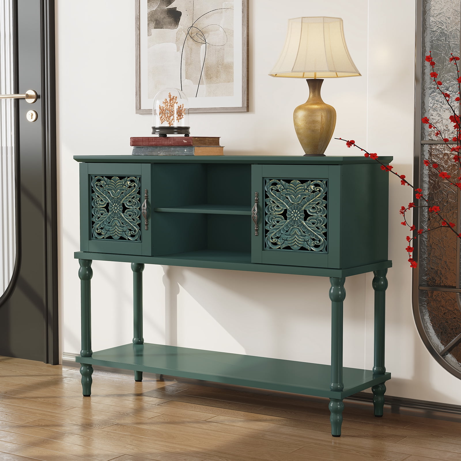 HLR Modern 42" Console Table with Storage, Entryway Table Wood Behind Couch with Shelves for Living Room, Green