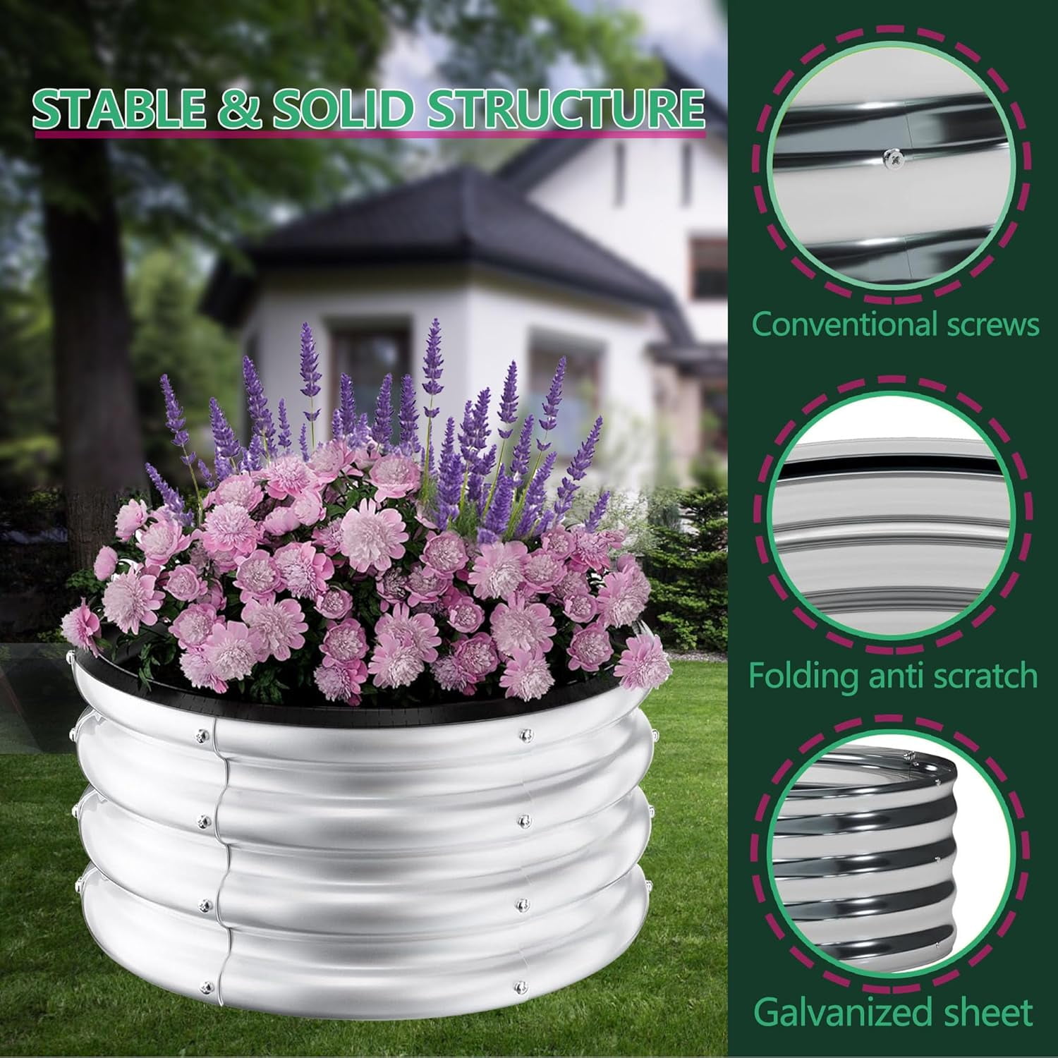 Garvee 3 Pack Round Metal Planters Galvanized Raised Garden Bed 23.62 x 23.62 x 11.02", Silver