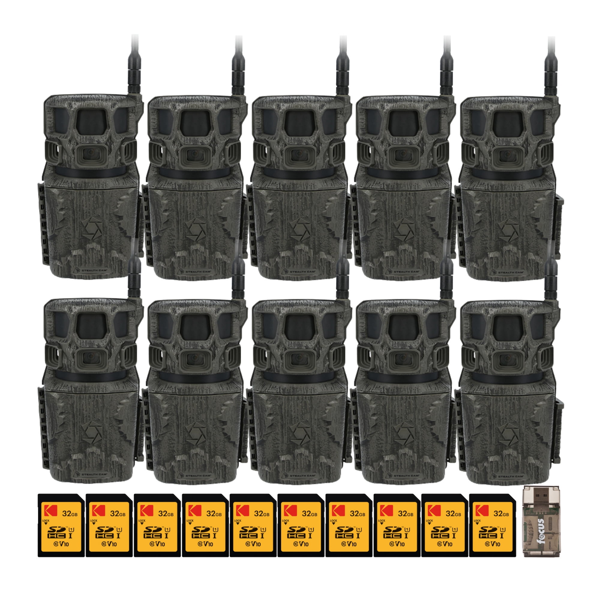 Stealth Cam Revolver Pro 3.0 360-Degree Cellular Trail Camera (10-Pack) Bundle with 32GB Class 10 UHS-I U1 SDHC Memory Card and High-Speed USB 2.0 Card Reader (21 Items)