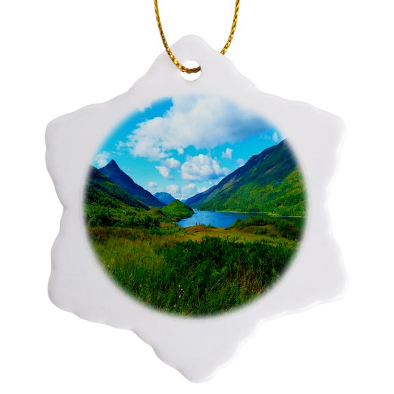 3drose, Landscape of the Loch at Kinlochleven, Highlands of Scotland, 3 inch Snowflake Porcelain Ornament