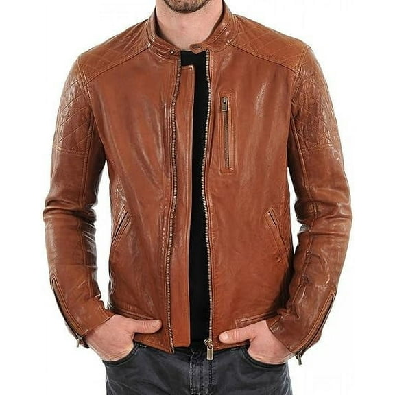 Mens Tan Leather Jacket Slim Fit Biker Motorcycle Genuine Lambskin Jacket Coat A607