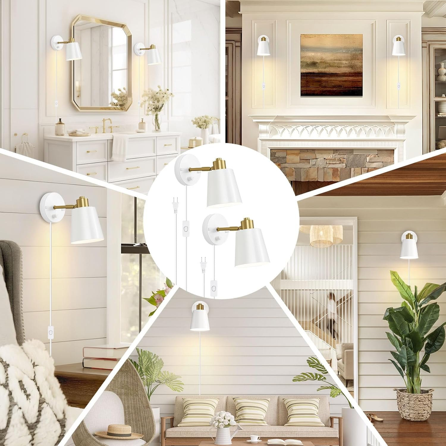 Plug in Dimmer  Wall Sconces Swing Arm Light Fixtures Wall lamps with 5.45ft Plug in Cord Dimmer Knob Switch E26 Base for Bedroom Bathroom Kitchen (2 Bulbs Included)