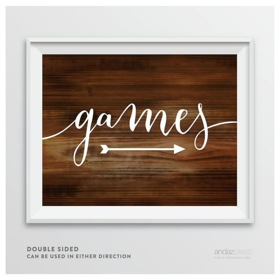 Games! Rustic Wood Wedding Party Directional Signs, Double-Sided