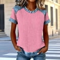 thumbnail image 3 of ZQGJB Fashion Womens Waffle Knit Tops Dressy Casual Striped Denim Patchwork Pullover Short Sleeve Crewneck T Shirt Business Work Splicing Blouse Pink M, 3 of 6