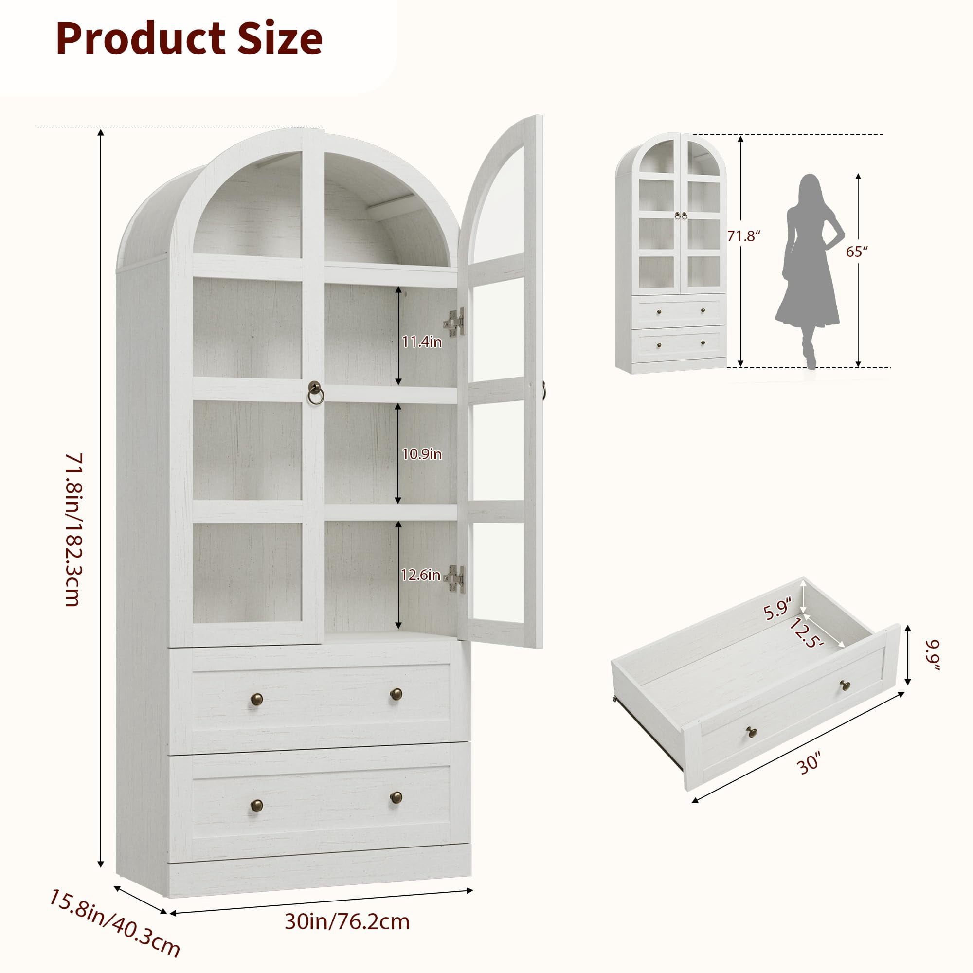 COZONY 72" Tall Arched Kitchen Pantry Cabinet, Farmhouse Wooden Storage with 2 Drawers & Wood Doors, Freestanding Buffet for Dining & Living Room,Antique White