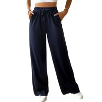 SWSMCLT Women's High Waisted Pants Ribbed Knit Drawstring Full Length Pants Long Lounge Casual Pants Wide Leg Pocket Loose Fit Elastic Navy Small