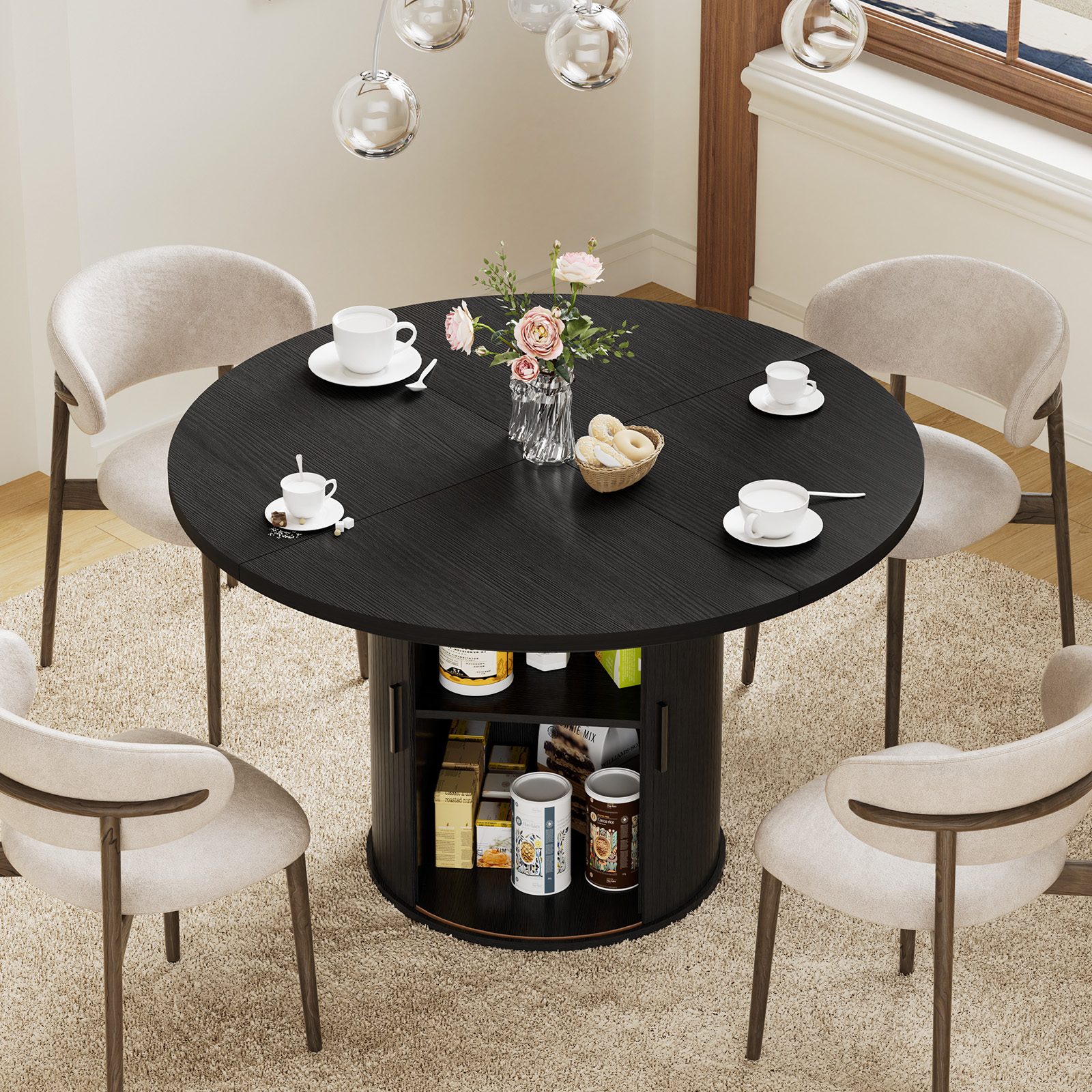 Hommpa 48" Round Dining Table with Storage,Morden Kitchen Table Wood for 4 with 2-Layer Storage Shelves and Wood Slide Door for Kitchen Living Room,Heavy Duty Pedestal Base,Black