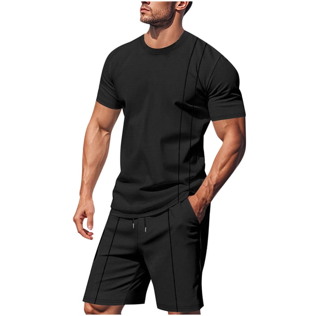 Mens Camisas de Manga Corta Casual, Nuevo Estilo de la Moda, Cuello Redondo de la Parte Superior Del Cordón de la Cintura Pantalones Cortos Conjuntos