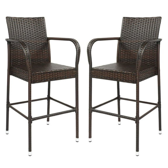 Hassch Outdoor Bar Stools Set of 2, Patio Counter Height Bar Chairs with Arm and Back, Rattan Barstools with Metal Frame for Garden Pool Lawn Backyard, Brown