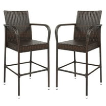 Hassch Outdoor Bar Stools Set of 2, Patio Counter Height Bar Chairs with Arm and Back, Rattan Barstools with Metal Frame for Garden Pool Lawn Backyard, Brown