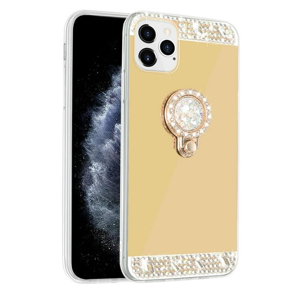 SOATUTO For iPhone 12 Pro Max Glitter Case Mirror Case with Ring Holder Stand for Girls Women Bling Shining Rhinestone Diamond Luxury Fashion Makeup Case for iPhone 12 Pro Max 6.7 inch - Gold