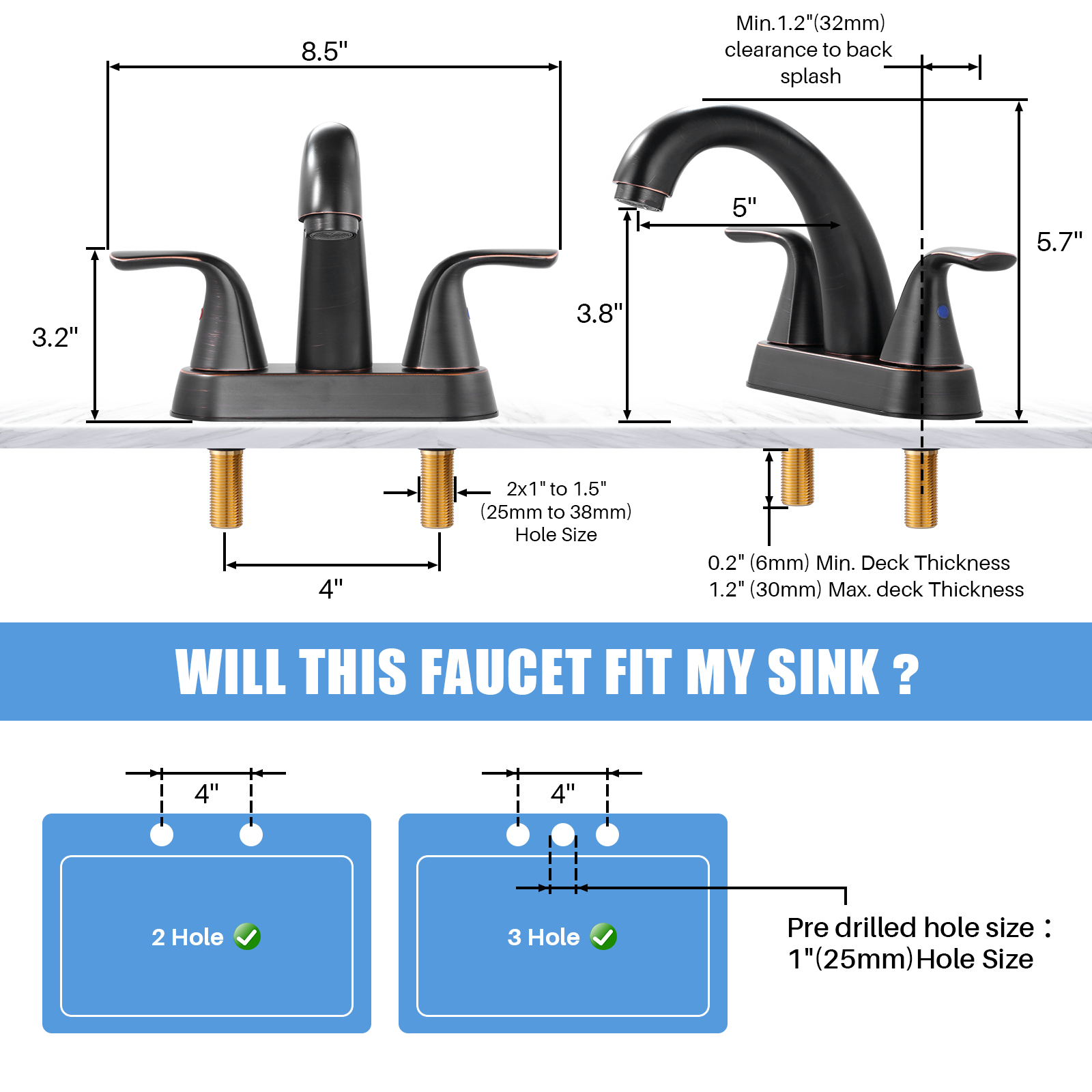 Wowow 4 inch Centerset 2-Handle Bathroom Faucet in Oil Rubbed Bronze for Bathroom Sink with Pop Up Drain
