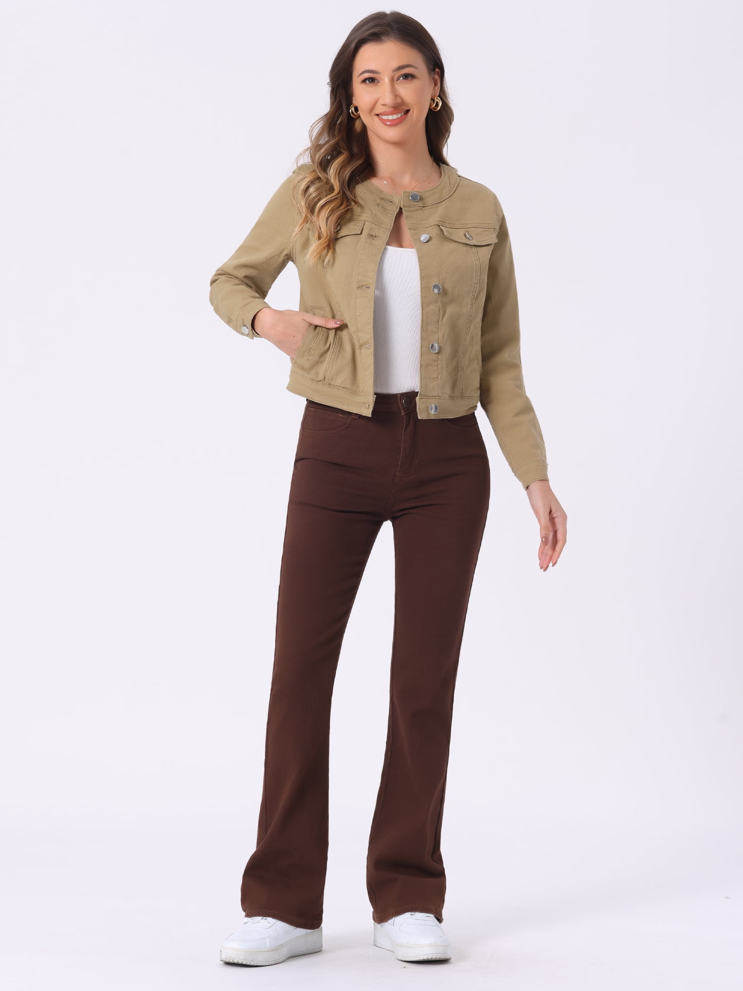 DARING DIVA Women's Button Down Collarless Cropped Denim Jacket M Khaki