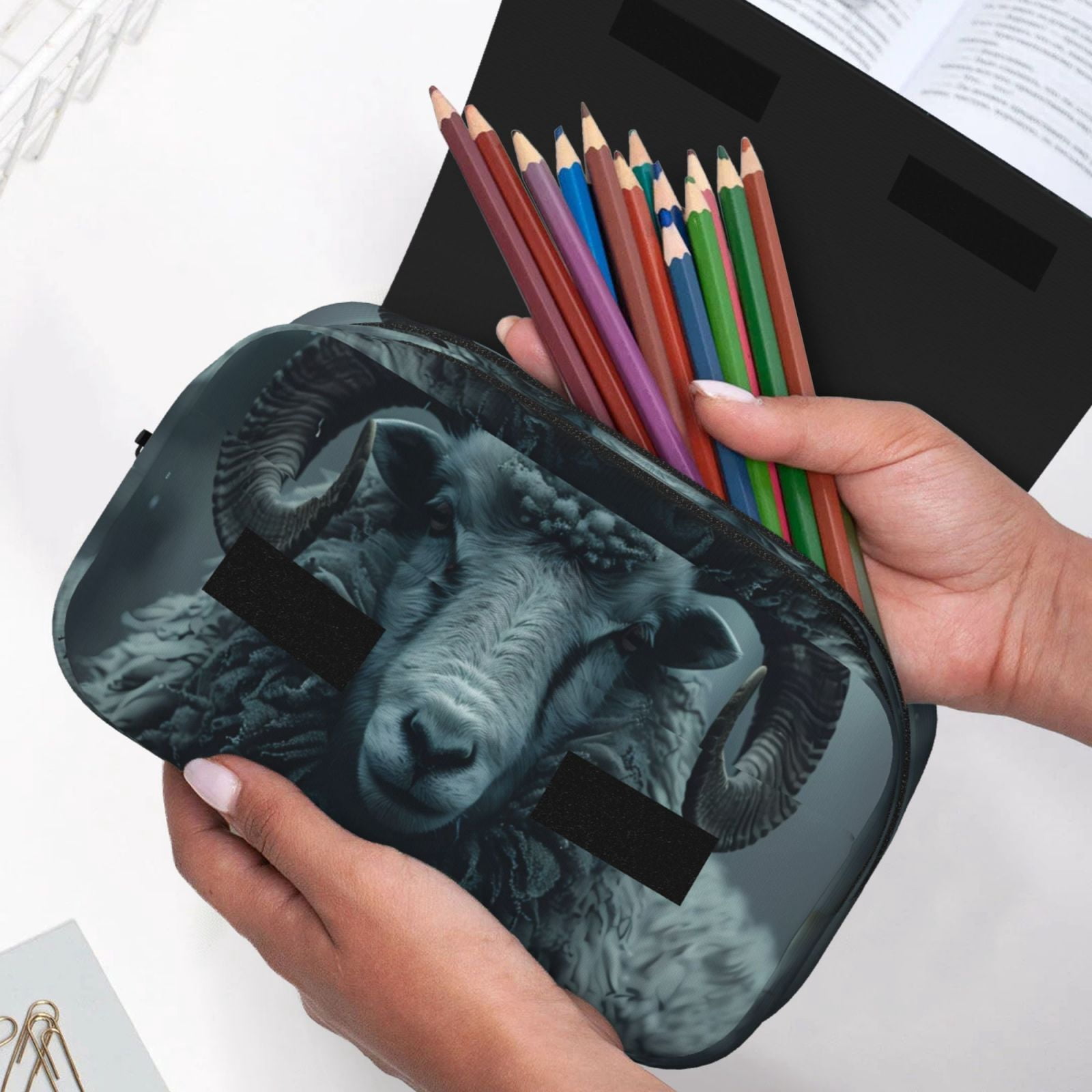 Rateoe Moody Ram Portrait Pattern Double Clamshell Pen Case, Storage Organizer with Two Zipper Compartments– Holds Up to 50 Pencils & Pens