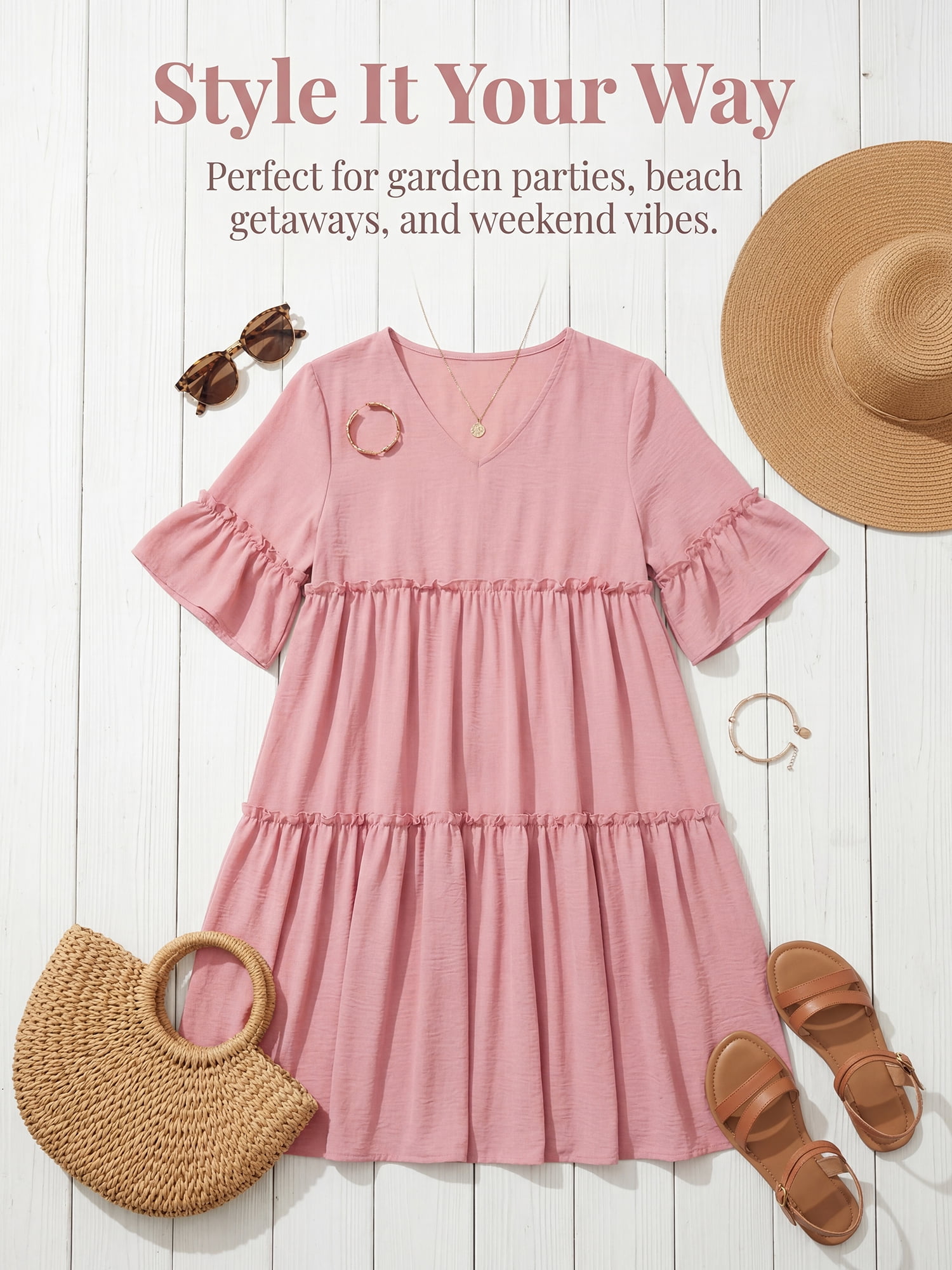 DARING DIVA Women's Maternity Ruffled Short Sleeve Tiered Fit Babydoll Dress XL Pink