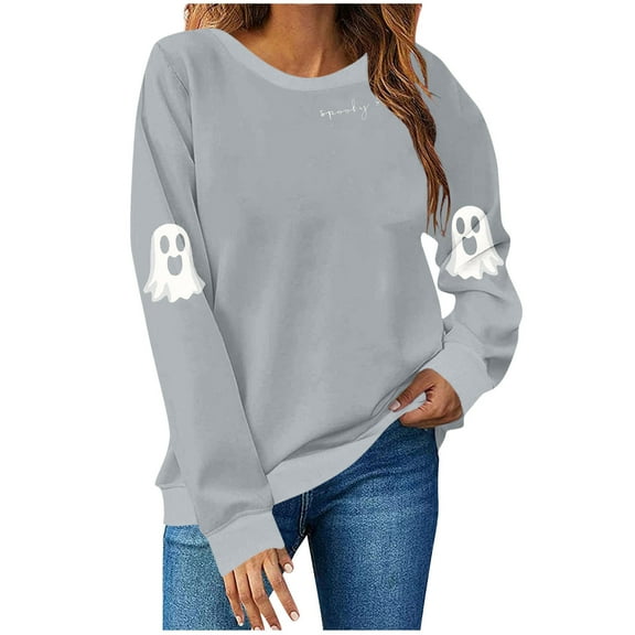 yardsong Spooky Season Sweatshirts Halloween Ghost Sweatshirt Women Halloween Graphic Crewneck Tops Casual Sweater Gray,L