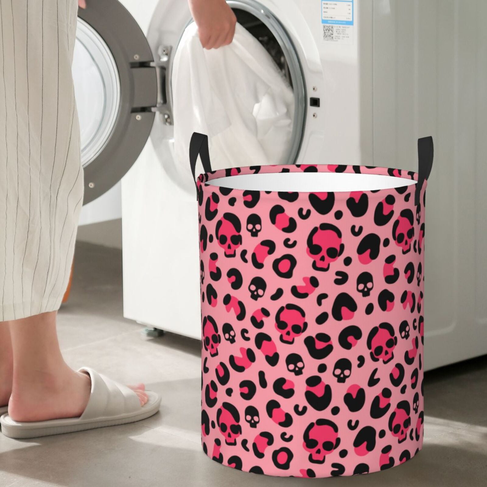 Large Laundry Basket with Handles - Skull leopard print pink cute Kids Baby Dirty Clothes Laundry Hamper for Bedroom Aesthetic