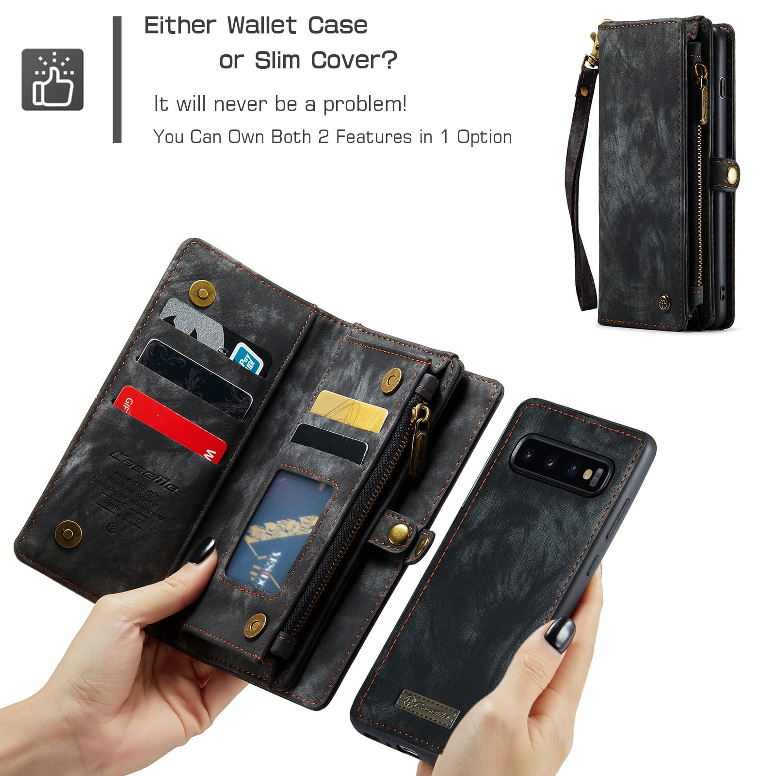 For Samsung Galaxy S10 Wallet Case,Multi-Functional Retro Leather Purse Flip Cover Zipper Wallet Case with Removable Card Slots Pocket & Detachable Wrist Strap Magnetic Phone Case, Black
