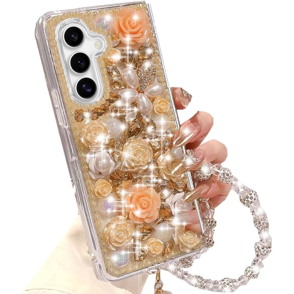 for Samsung Galaxy Z Fold 7 Glitter Bling Case,Cute Luxury 3D Sparkle Crystal Rhinestone Flowers Diamond Pearl Gems with Lanyard Wrist Strap Women Girls Phone Case for Galaxy Z Fold 7 5G,Gold