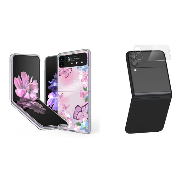 Bemz Premium Bundle for Samsung Galaxy Z Flip 3 5G: Slim Snap-On Protector Case (Pink Butterfly Floral), Rear Camera Glass Protector