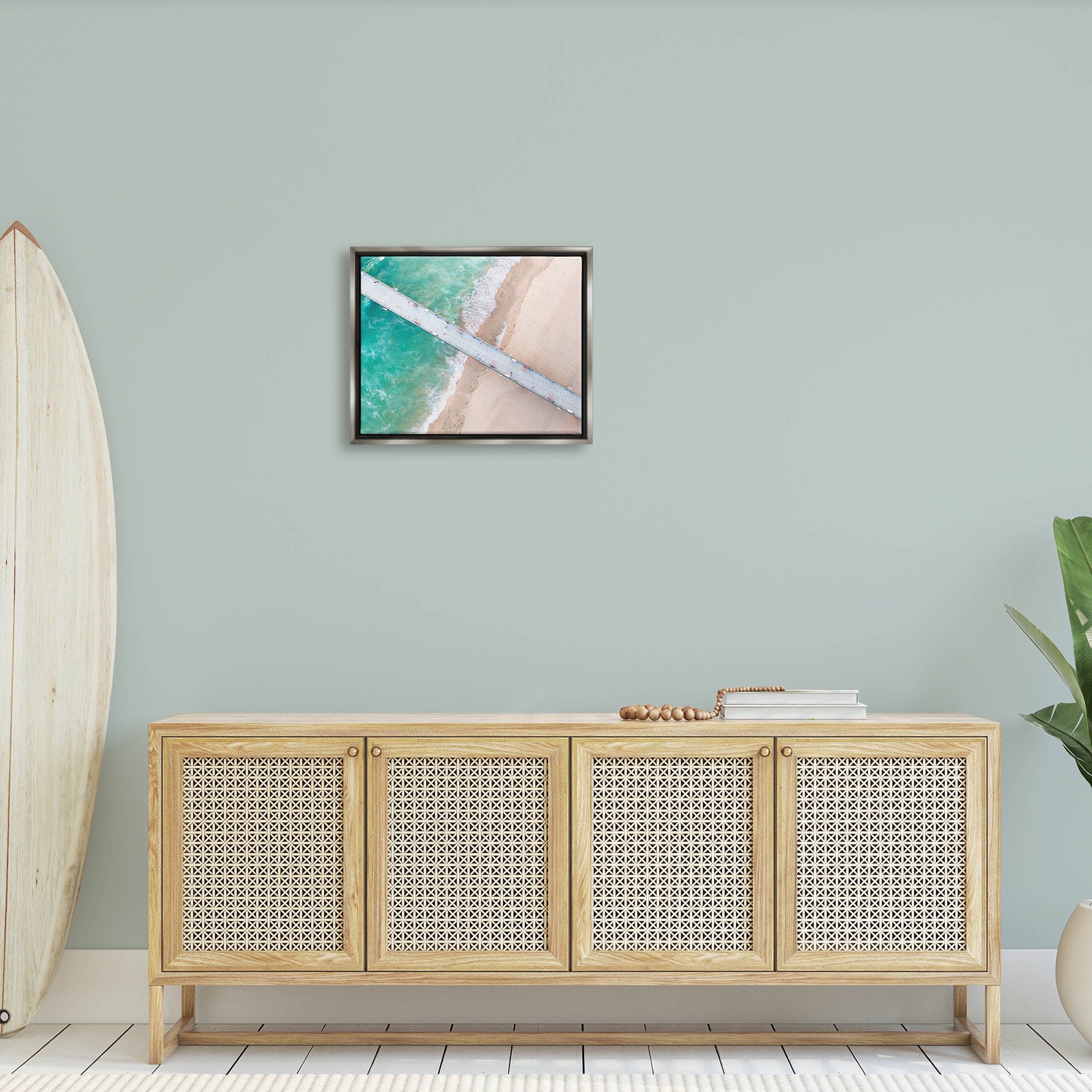Aerial Ocean Beach Bridge Coastal Photograph Luster Gray Framed Art Print Wall Art